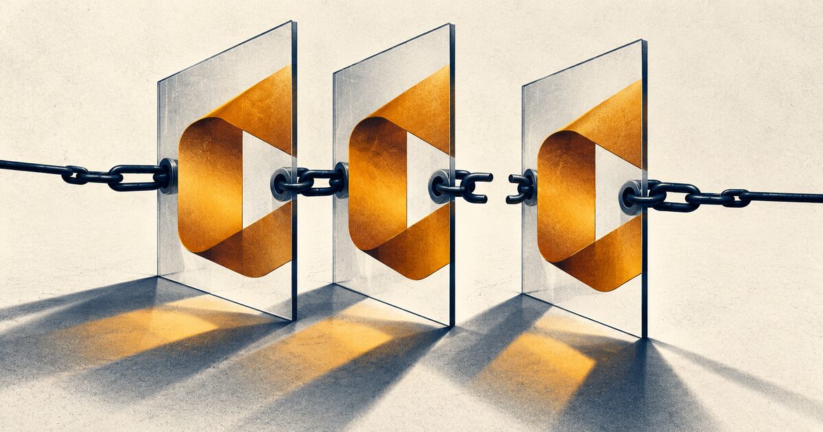 Ilustración editorial de un emblema ámbar repetido en tres láminas unidas por una cadena azul con un eslabón abierto.