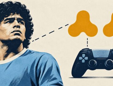 Ilustración de Maradona junto a dos emblemas abstractos similares y un control de videojuegos, sobre fondo claro.