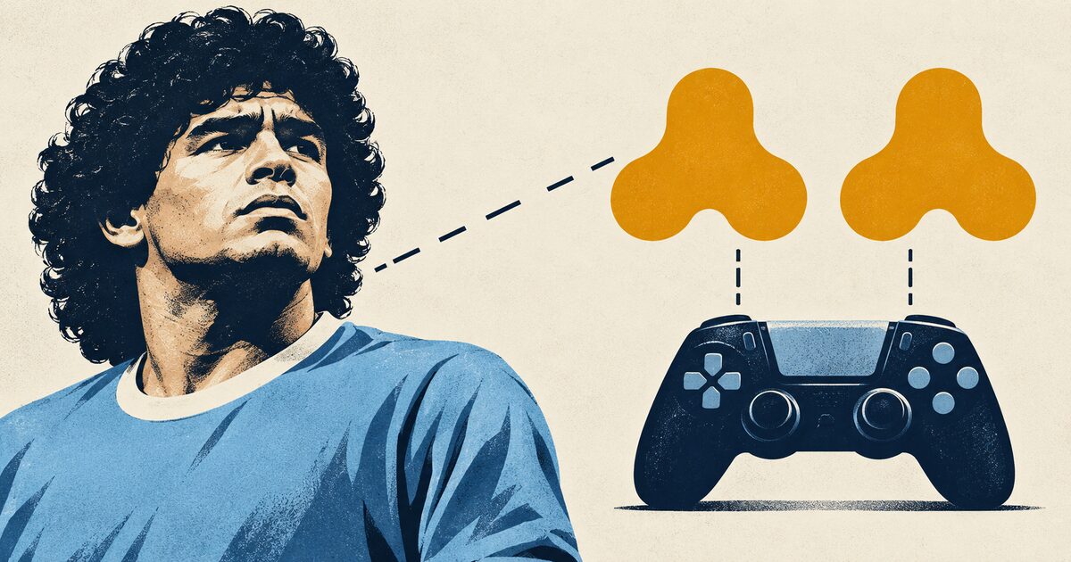 Ilustración de Maradona junto a dos emblemas abstractos similares y un control de videojuegos, sobre fondo claro.