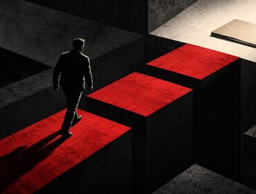 Ilustración editorial de una persona que avanza por tres plataformas rojas hacia una carpeta cerrada, como metáfora del cumplimiento de una probation.