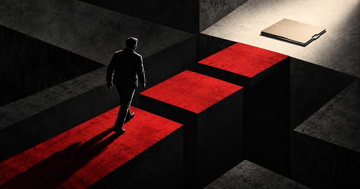 Ilustración editorial de una persona que avanza por tres plataformas rojas hacia una carpeta cerrada, como metáfora del cumplimiento de una probation.