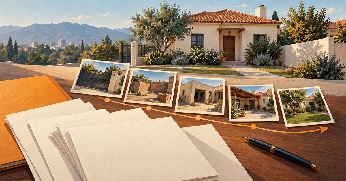 Ilustración de una casa, documentos y fotografías de mejoras ordenadas en una línea de tiempo, como representación de la prueba de posesión.