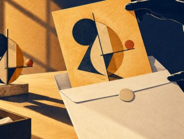 Ilustración editorial de una obra abstracta y su representación depositada en un sobre de custodia.