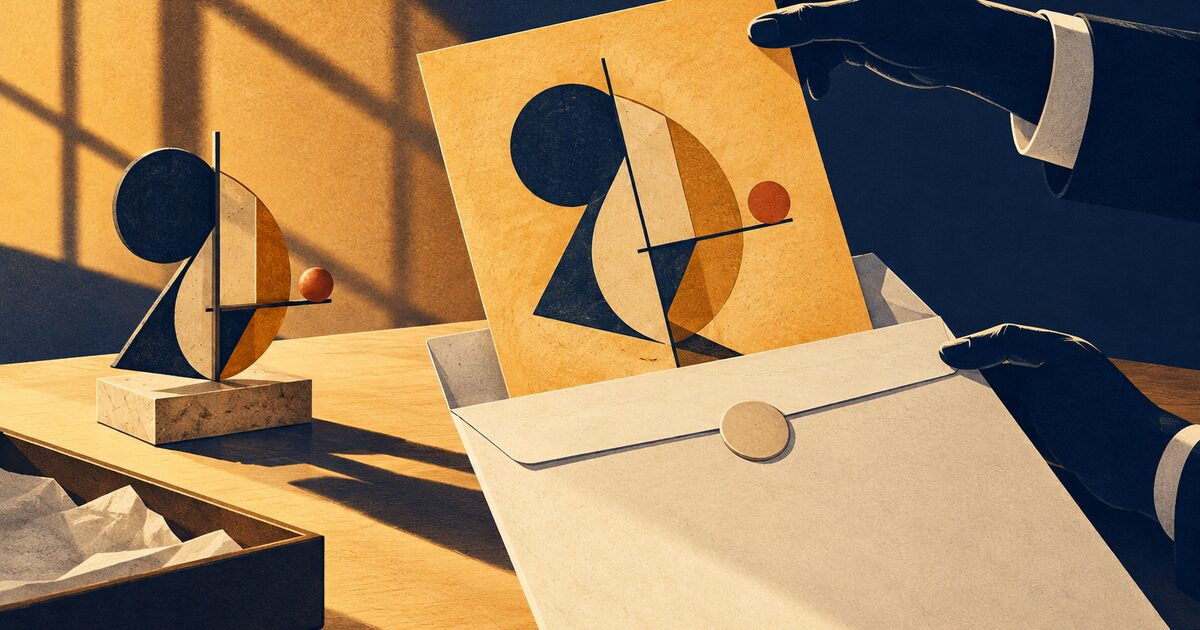 Ilustración editorial de una obra abstracta y su representación depositada en un sobre de custodia.