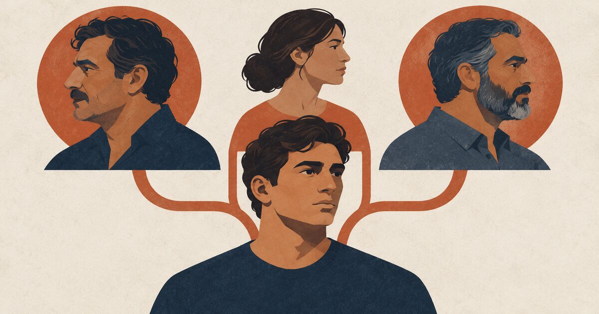 Ilustración editorial gráfica de un hijo adulto, su madre y dos figuras paternas conectados por ramas de un árbol familiar, en terracota, crema y azul oscuro.