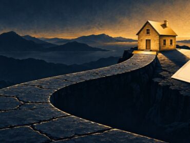 Ilustración editorial de una casa al final de un camino de piedra, junto a un documento sin texto, como metáfora del plazo de usucapión cumplido y su reconocimiento judicial.